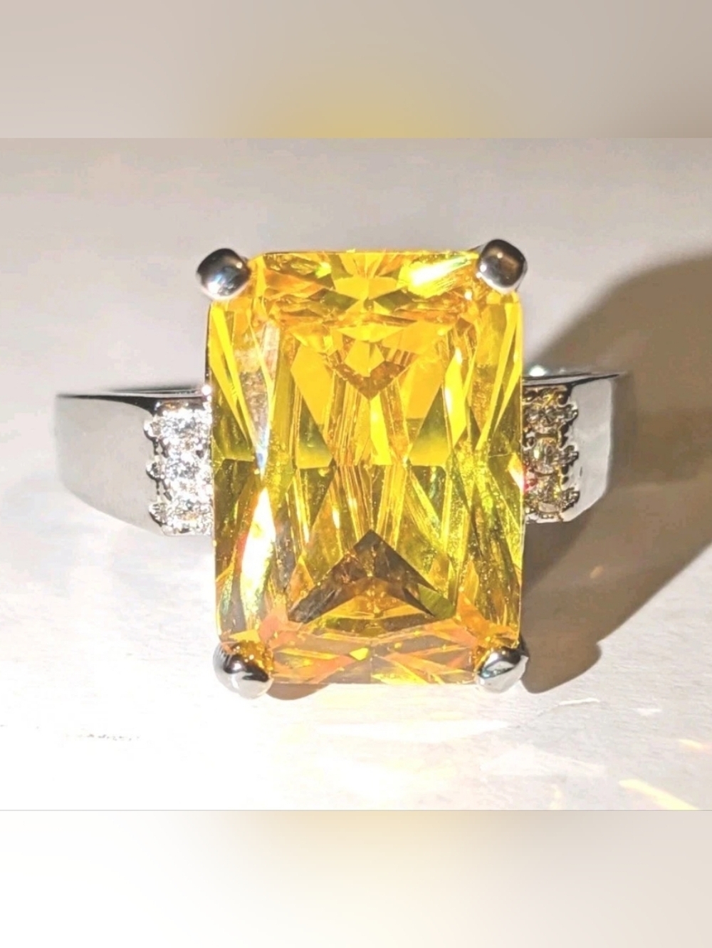 Women's Emerald Cut Yellow Citrine & White CZ 5 CT Classic Engagement Ring Sz 9